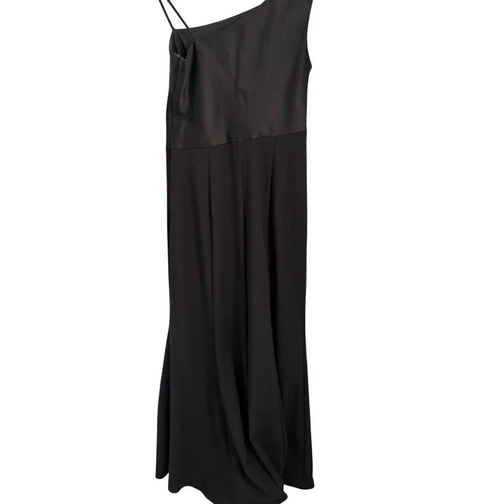 AMSALE Gown Black Satin Dress Maxi Prom Wedding One-shoulder Size 10